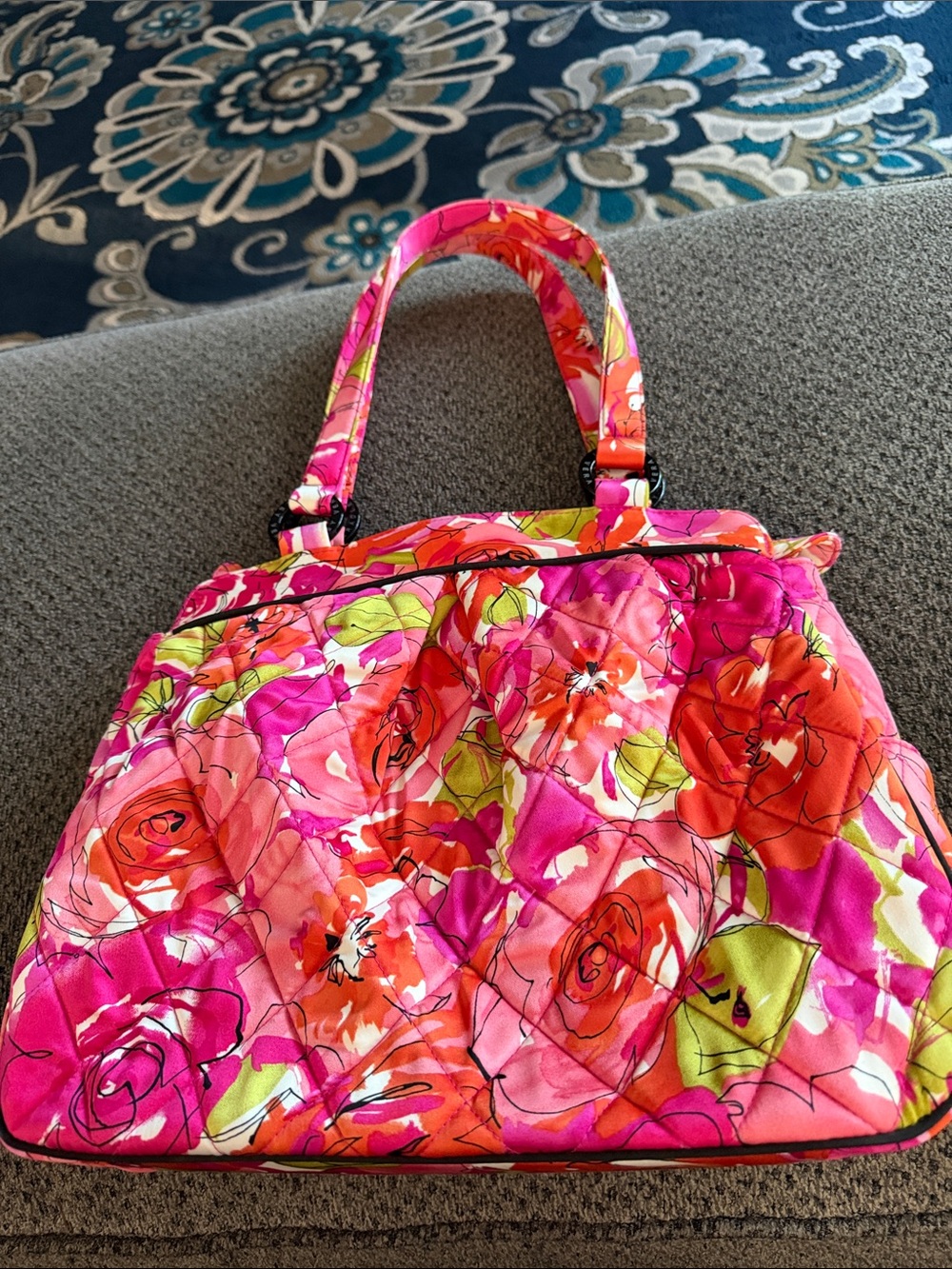Floral Roses Quilted Tote satchel Bag - Pink & Orange RARE